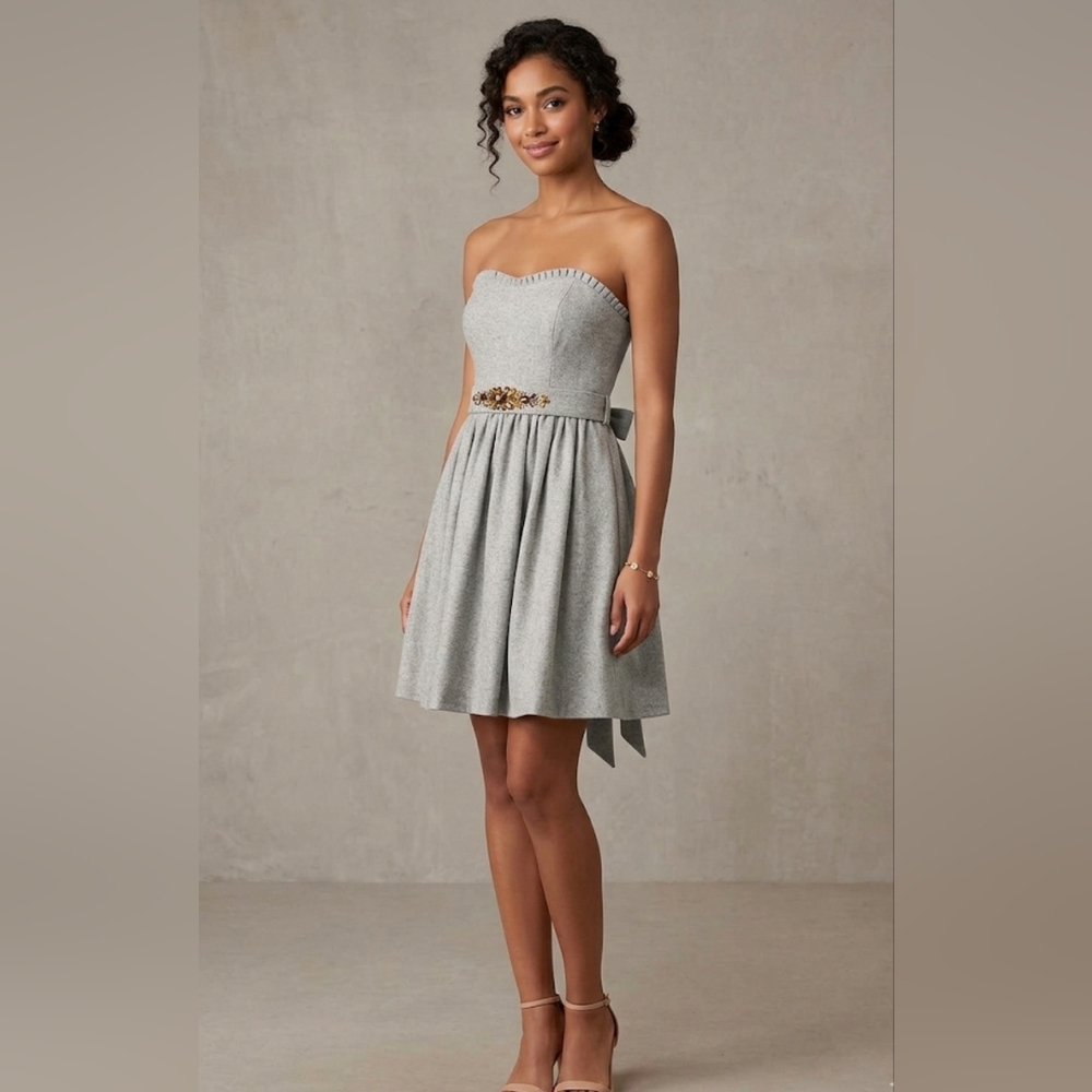 Banana Republic Strapless Grey Wool Blend Fit/ Flare Dress Embellished Waist, 6